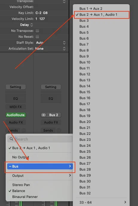 Logic Pro Output slot popup showing the Bus submenu with 'Bus 1 + Aux 1, Audio 1' option highlighted