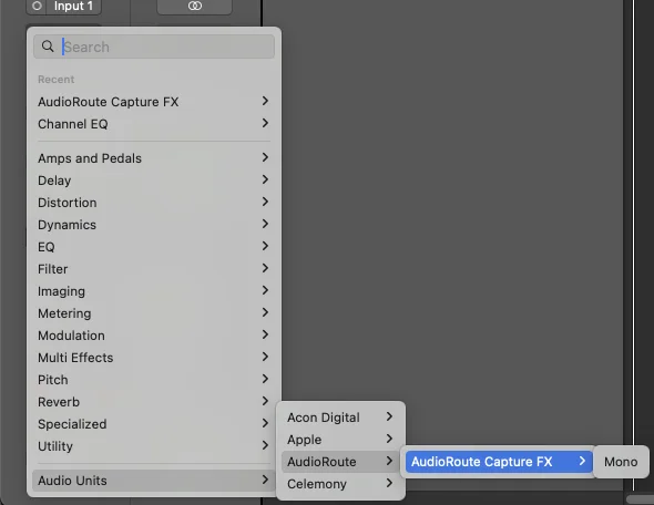 Logic Pro Audio FX picker showing Audio Units → AudioRoute → AudioRoute Capture FX → Mono highlighted