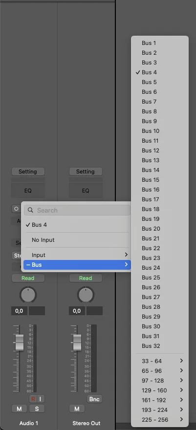Logic Pro Input slot popup with the Bus submenu open, Bus 4 highlighted as the choice