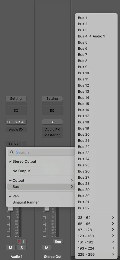 Logic Pro Output slot popup with Stereo Output / No Output / Bus options visible, Bus highlighted to navigate into the bus submenu
