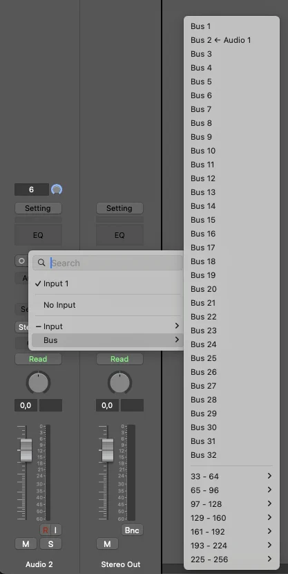 Audio 2 Input popup showing Bus 4 ← Audio 1 highlighted as the selected input source