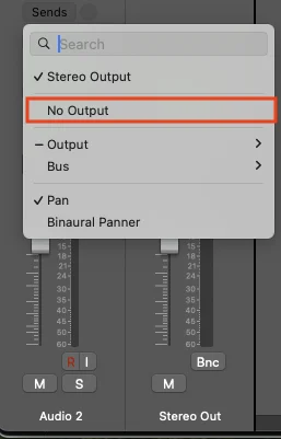 Audio 2 Output popup with No Output highlighted to prevent the recording track from feeding back to the speakers