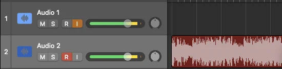 Logic Pro tracks showing Audio 1 (the processing track) with no region and Audio 2 (the recording track) with a captured waveform