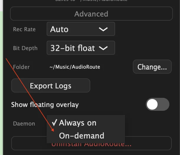 AudioRoute Advanced settings panel showing the Daemon dropdown with 'Always on' currently selected and 'On-demand' available as the alternative