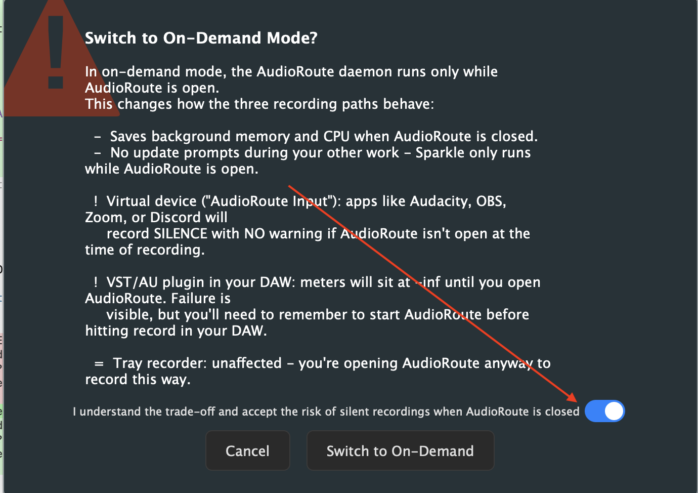 Confirmation dialog titled 'Switch to On-Demand Mode?' explaining the three behavioral changes — saved background resources, deferred update prompts, and silent-recording risk on the virtual device — with a required acknowledgement checkbox and a Switch to On-Demand button
