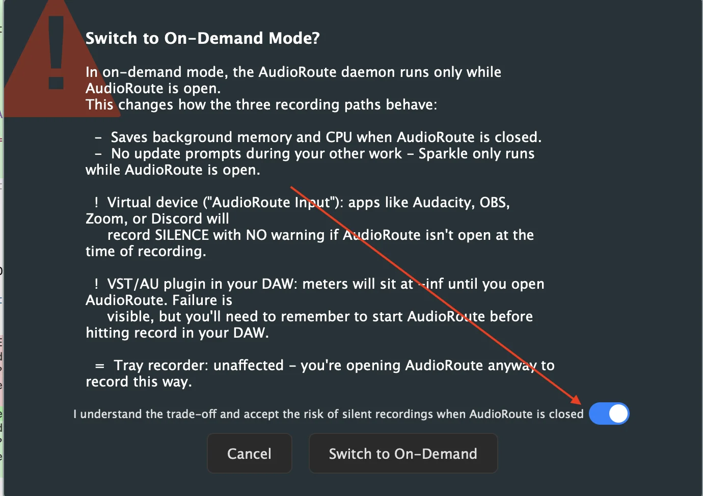 Confirmation dialog titled 'Switch to On-Demand Mode?' explaining the three behavioral changes — saved background resources, deferred update prompts, and silent-recording risk on the virtual device — with a required acknowledgement checkbox and a Switch to On-Demand button