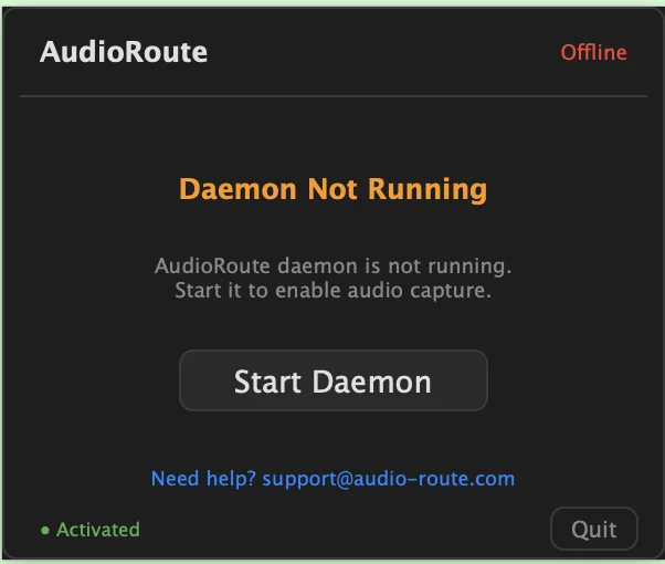 AudioRoute tray app in On-demand mode with the daemon stopped: an 'Offline' badge in the top-right, a 'Daemon Not Running' message, and a 'Start Daemon' button