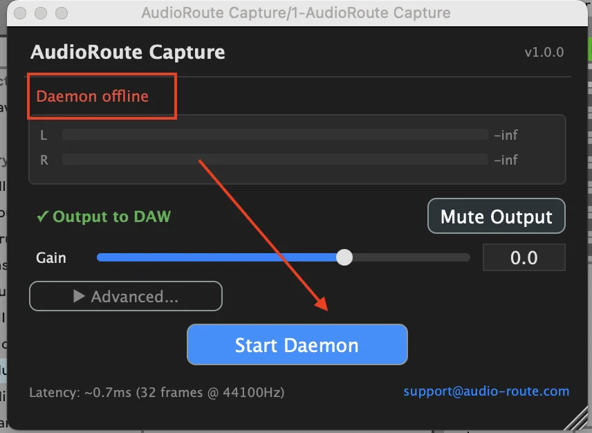 AudioRoute Capture VST plugin window showing 'Daemon offline' in red, flat L/R meters at -inf, and a large blue 'Start Daemon' button
