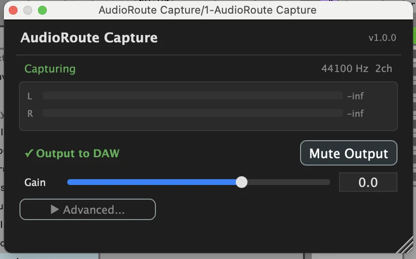 AudioRoute Capture plugin window in normal capturing state: a green 'Capturing' label at the top, '44100 Hz 2ch' shown on the right, live L/R meters, and the Start Daemon button gone