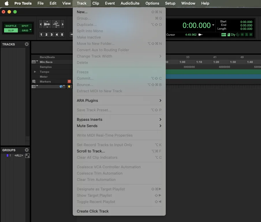 Pro Tools Track menu open with 'New...' selected to create a new track.