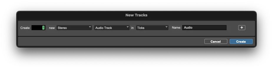 Pro Tools New Track dialog set to create 1 new Stereo Audio Track.