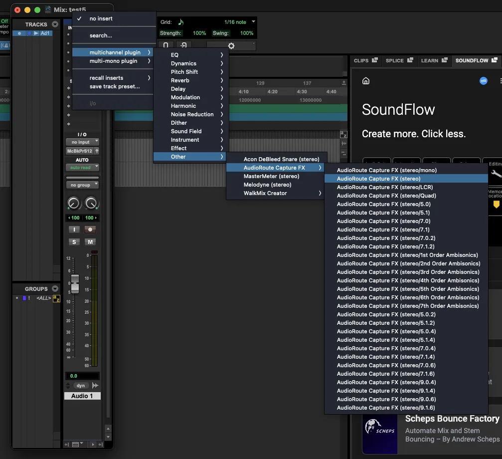 Pro Tools insert menu: multichannel plugin, Other category, AudioRoute Capture FX, with 'AudioRoute Capture FX (stereo)' highlighted.