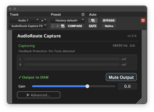 AudioRoute Capture plug-in window inside Pro Tools showing 'Capturing 48000 Hz 2ch', 'Feedback Protection: Pro Tools detected', and a green checkmark 'Output to DAW'.
