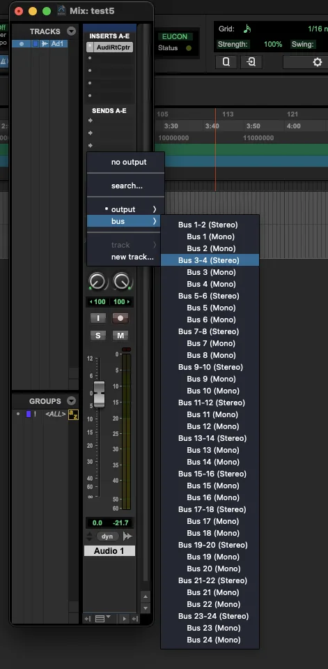 Pro Tools output selector on Track 1 with 'bus' expanded and 'Bus 3-4 (Stereo)' highlighted.