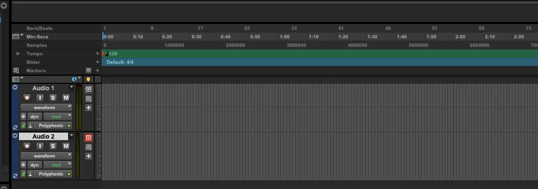 Pro Tools with a second stereo audio track (Track 2) created below Track 1.