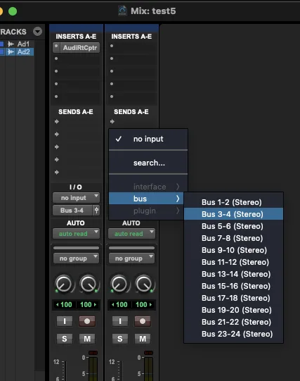Pro Tools input selector on Track 2 with 'bus' expanded and 'Bus 3-4 (Stereo)' highlighted.
