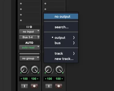 Pro Tools output selector on Track 2 set to 'No Output'.