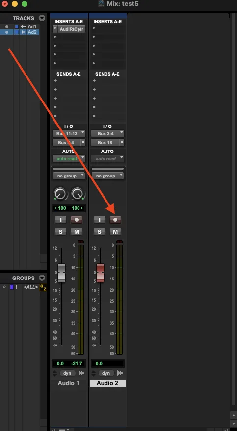 Pro Tools Track 2 with the record-arm button lit red.