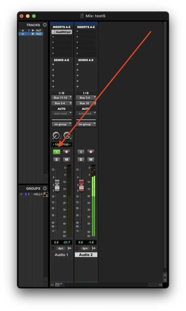 Pro Tools Track 1 with input monitoring enabled.