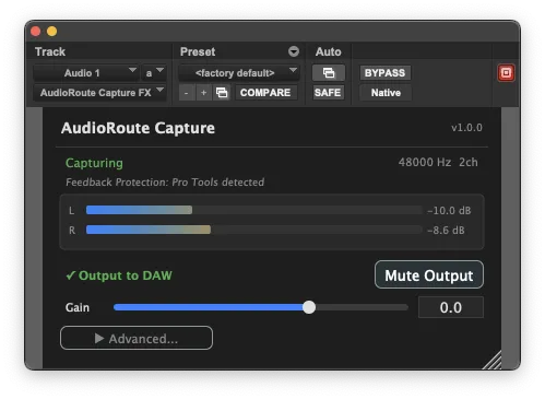 AudioRoute Capture window with the L/R meters moving, showing live captured audio.