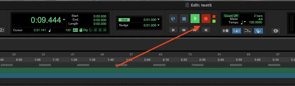 Pro Tools transport recording: global Record enabled and Play engaged, capturing onto Track 2.