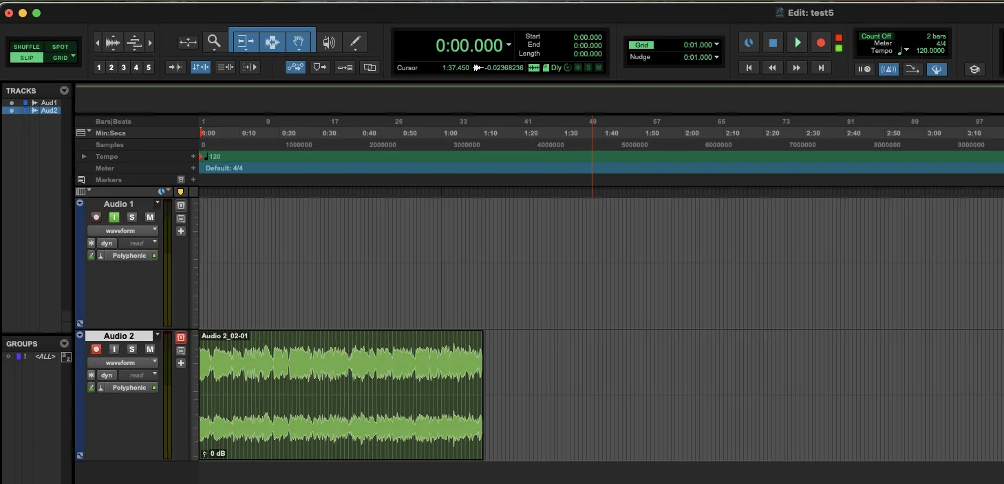 Pro Tools Track 2 showing the recorded waveform of captured system audio.