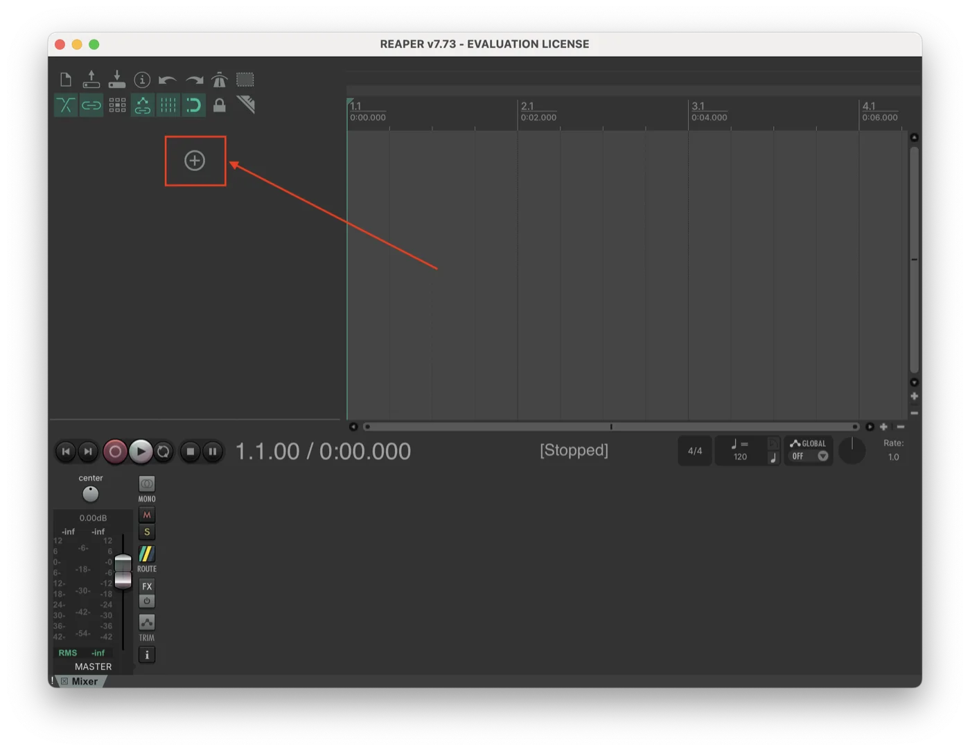 Reaper main window with an arrow pointing at the + button above the empty track list, used to insert a new track