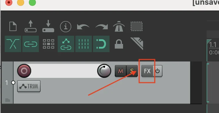Close-up of a Reaper track header with the FX button highlighted, sitting to the right of the M and S (mute and solo) buttons
