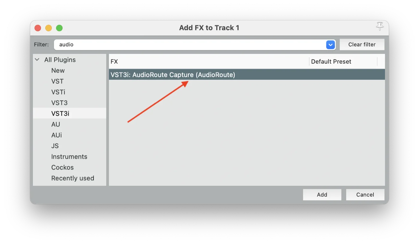 Reaper Add FX dialog with 'audio' typed in the filter field and 'VST3i: AudioRoute Capture (AudioRoute)' selected in the list