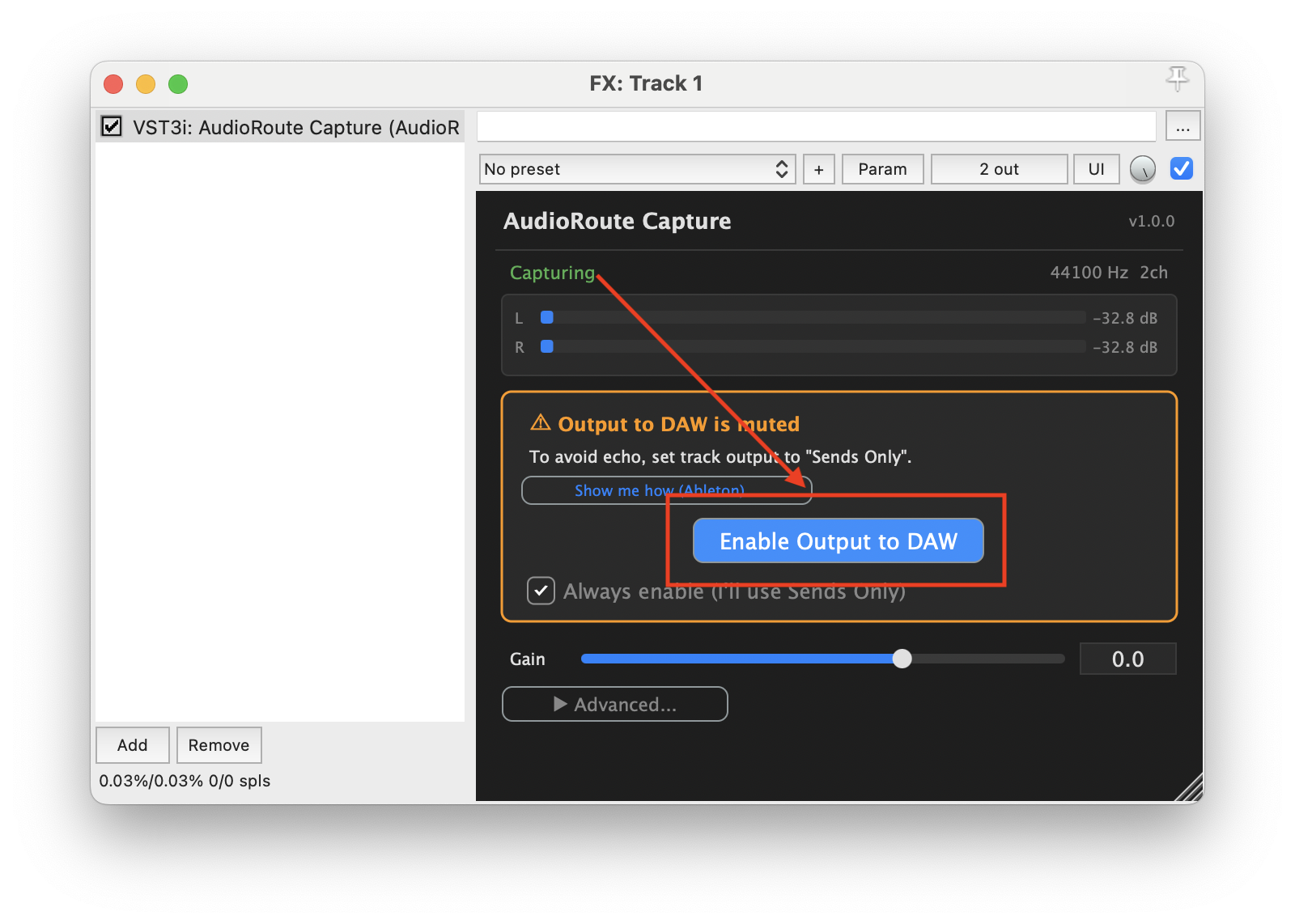 AudioRoute Capture plugin window inside Reaper showing the 'Output to DAW is muted' notice with an Enable Output to DAW button highlighted, and live meters above indicating the daemon is already capturing