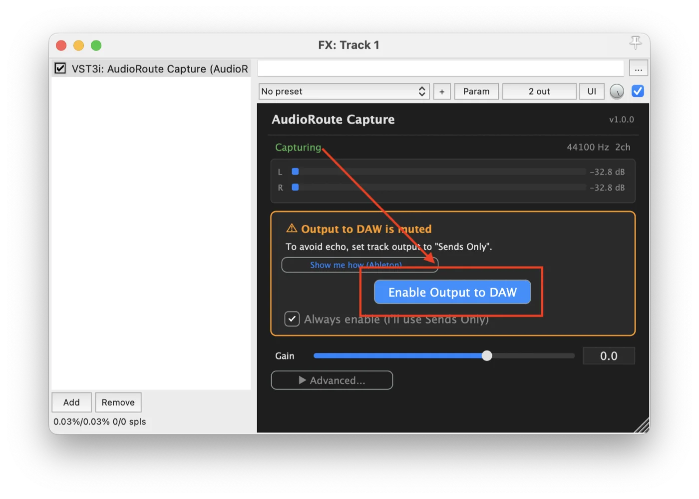 AudioRoute Capture plugin window inside Reaper showing the 'Output to DAW is muted' notice with an Enable Output to DAW button highlighted.