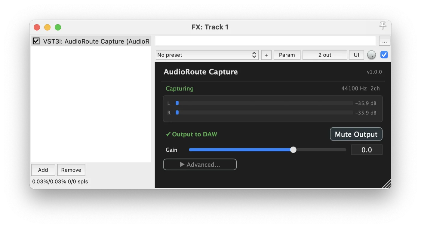 AudioRoute Capture plugin window after enabling output: green '✓ Output to DAW' status, live L/R meters at around -35.9 dB, Mute Output button visible on the right, and the gain slider at 0.0 dB