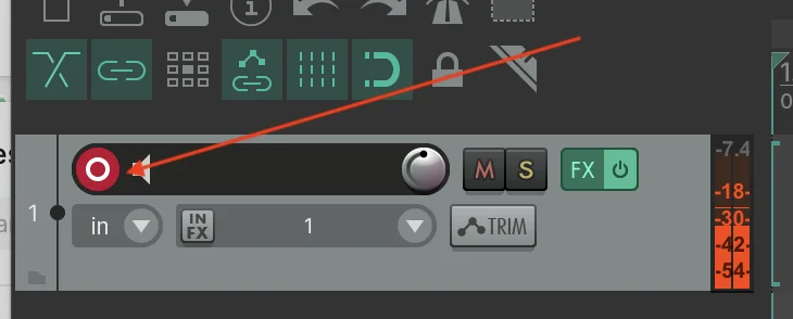Reaper track header with the record-arm circle lit red, meters on the right showing levels around -7.4 dB, indicating the track is armed and receiving signal from AudioRoute Capture