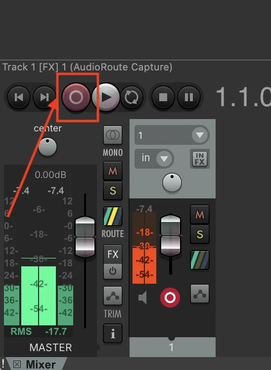 Reaper transport bar with the global Record button highlighted, and 'Track 1 [FX] 1 (AudioRoute Capture)' shown above as the active track
