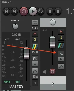Reaper Mixer view showing a new Track 1 with an arrow pointing at the FX button on the track strip.