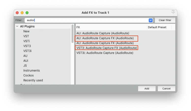 Reaper Add FX dialog with 'audior' typed in the filter; five AudioRoute matches visible. AU: AudioRoute Capture FX and VST3: AudioRoute Capture FX are highlighted with red boxes.