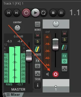 Reaper track strip with the record-arm button lit red and live green meters above showing audio levels around -5 dB.