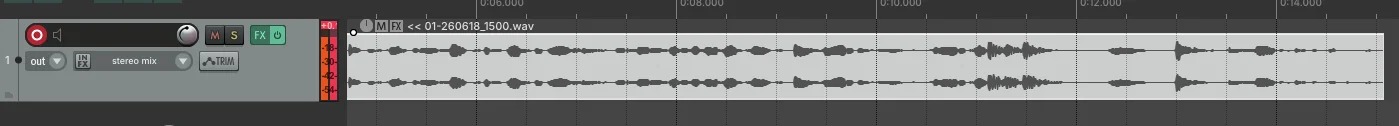 Reaper track with a recorded audio item showing the waveform of captured system audio, named '01-260618_1500.wav'.