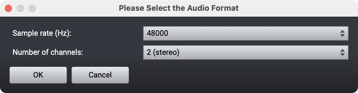 Acoustica 'Please Select the Audio Format' dialog with Sample rate set to 48000 Hz and Number of channels set to 2 (stereo)