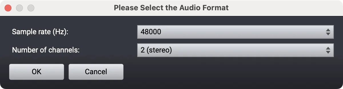 Acoustica 'Please Select the Audio Format' dialog with Sample rate set to 48000 Hz and Number of channels set to 2 (stereo)