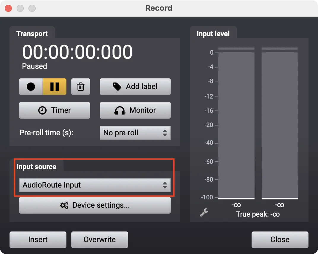 Acoustica's Record window with the Input source dropdown set to 'AudioRoute Input' (highlighted with a red border)