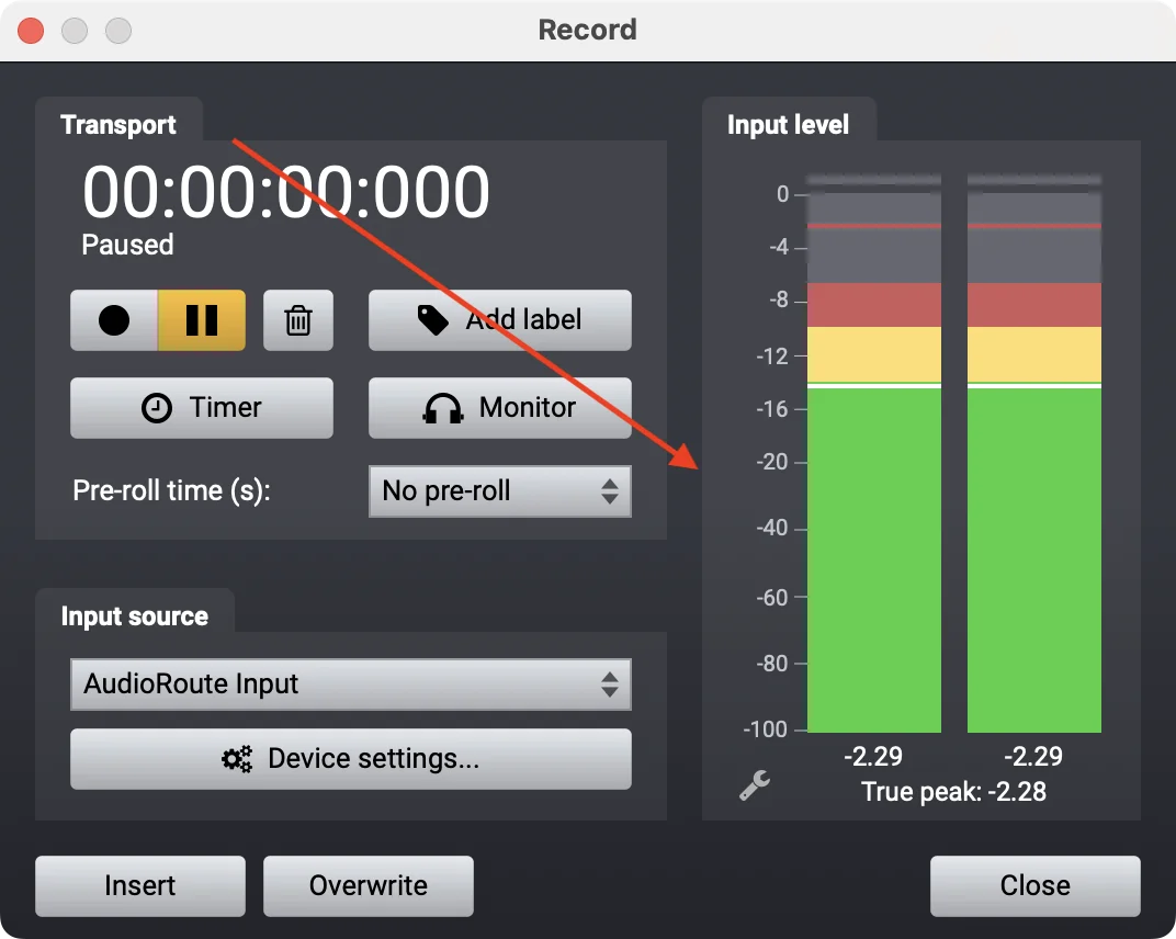 Acoustica's Record window with Input level meters showing strong green/yellow activity (around -2.29 dB true peak) while system audio plays