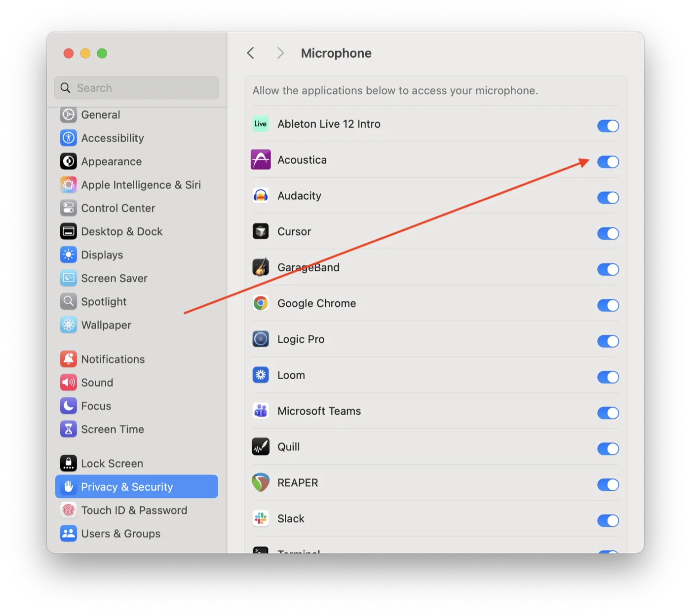 macOS System Settings → Privacy & Security → Microphone with Acoustica's permission toggle being switched on (highlighted by an arrow)