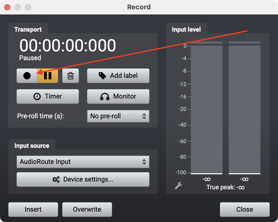 Acoustica's Record window with the red Record button highlighted in the Transport section, ready to start capturing