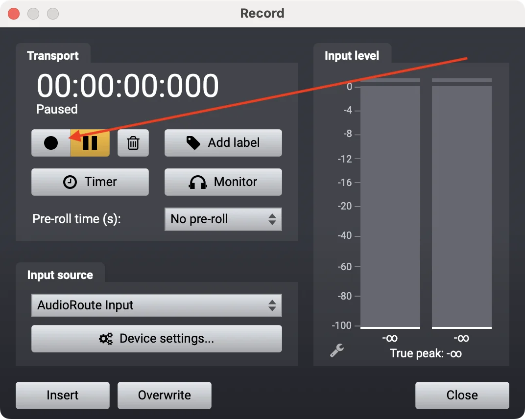 Acoustica's Record window with the red Record button highlighted in the Transport section, ready to start capturing
