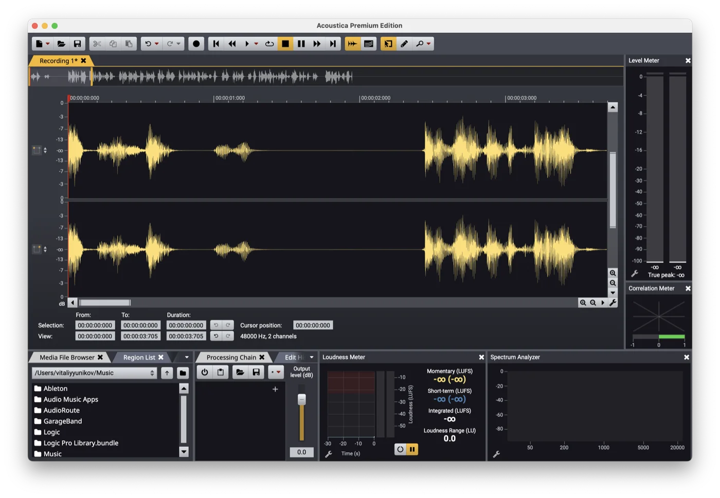 Acoustica Premium Edition main window showing a freshly-recorded stereo waveform of system audio, with the standard editor toolbar, level meters, and analysis panels visible