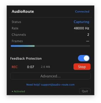 AudioRoute tray window during recording — Status shows 'Capturing' in blue, a meter bar shows live audio levels, and the controls section shows 'REC 0:07 2.6 MB' next to a red Stop button