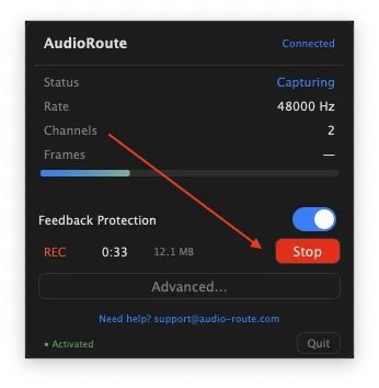AudioRoute tray window with the red Stop button highlighted by an arrow. REC indicator shows 0:33 elapsed and 12.1 MB file size