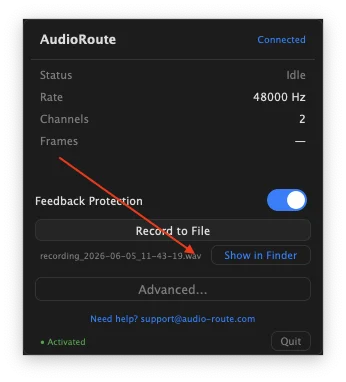 AudioRoute tray window after recording finished. The recording filename appears with a 'Show in Finder' button next to it, highlighted by an arrow