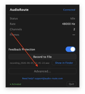 AudioRoute tray window with the Advanced button highlighted by an arrow. The button sits below the Record to File button and the Show in Finder row